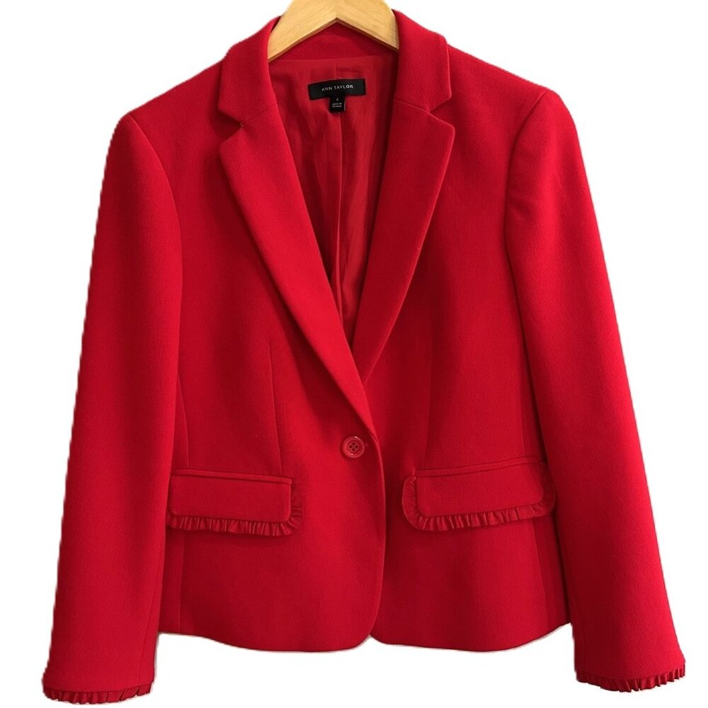 Ann Taylor Dressy Red Blazer Size 4 Hip Length Pleated cuff and pocket detail